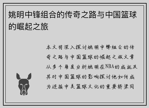 姚明中锋组合的传奇之路与中国篮球的崛起之旅